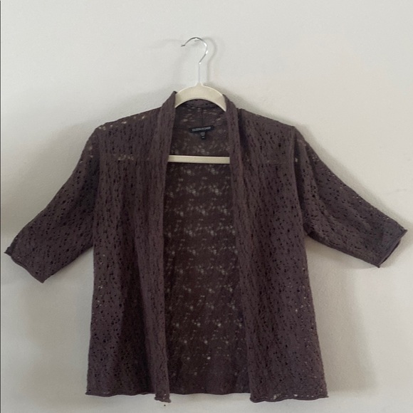 Eileen Fisher Brown Open Lacey Knit Wool Cardigan Size Xs 100% Wool